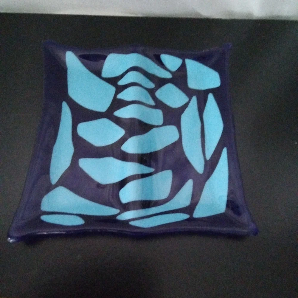 Artisan Fused Glass Square Decorative Bowl Cobalt Blue Turquoise Abstract Mosaic